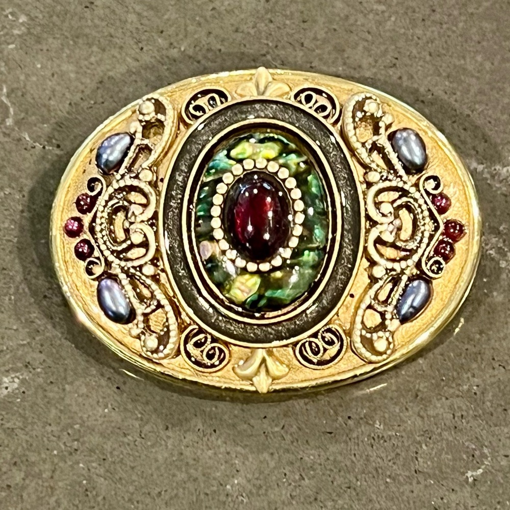 Vintage Michal Golan Abalone and
Rhinestone Filigree Pin / Pendant